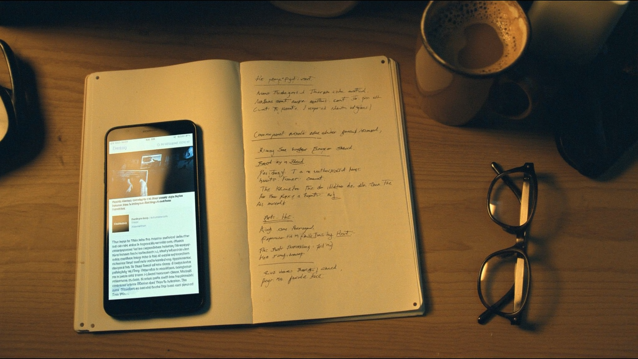 Aufsicht auf einen warmen Holztisch mit Notizbuch voller Content-Ideen, Kaffee und einem Handy mit einem Blog-Beitrag.